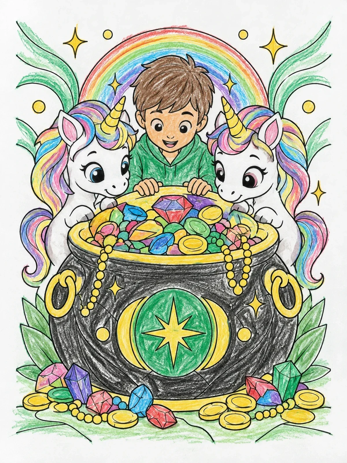 Colored example of the Unicorns And Boy With Treasure Cauldron coloring page