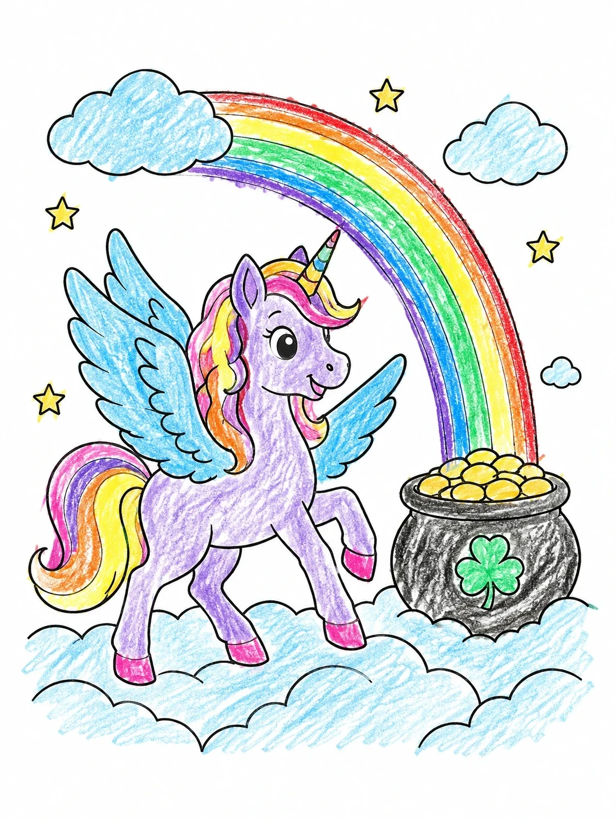 Colored example of the Pegasus Unicorn With Pot Of Gold coloring page
