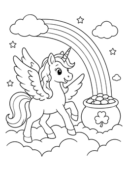 Free printable Pegasus Unicorn With Pot Of Gold coloring page