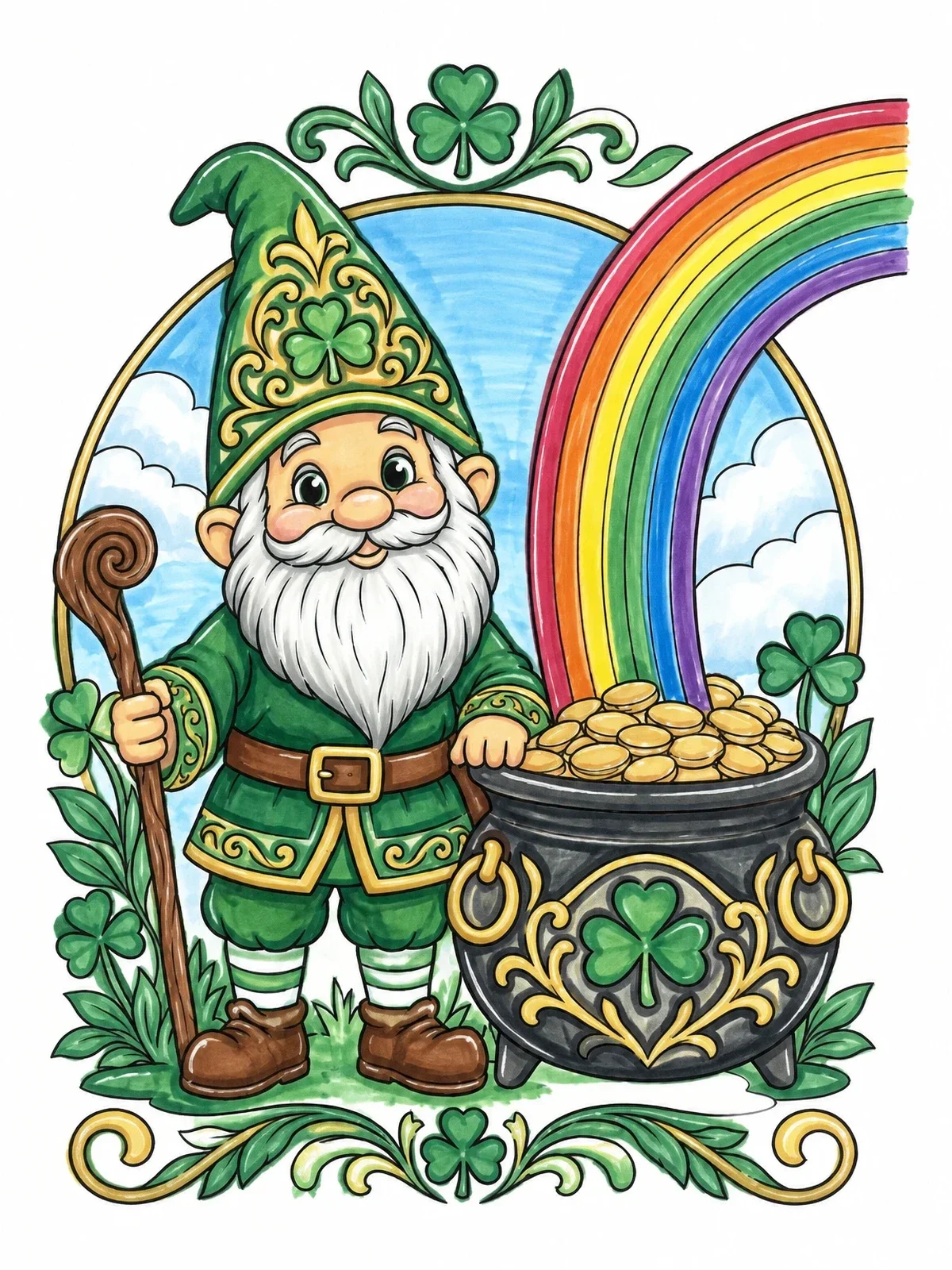Colored example of the St. Patrick's Gnome With Pot Of Gold coloring page