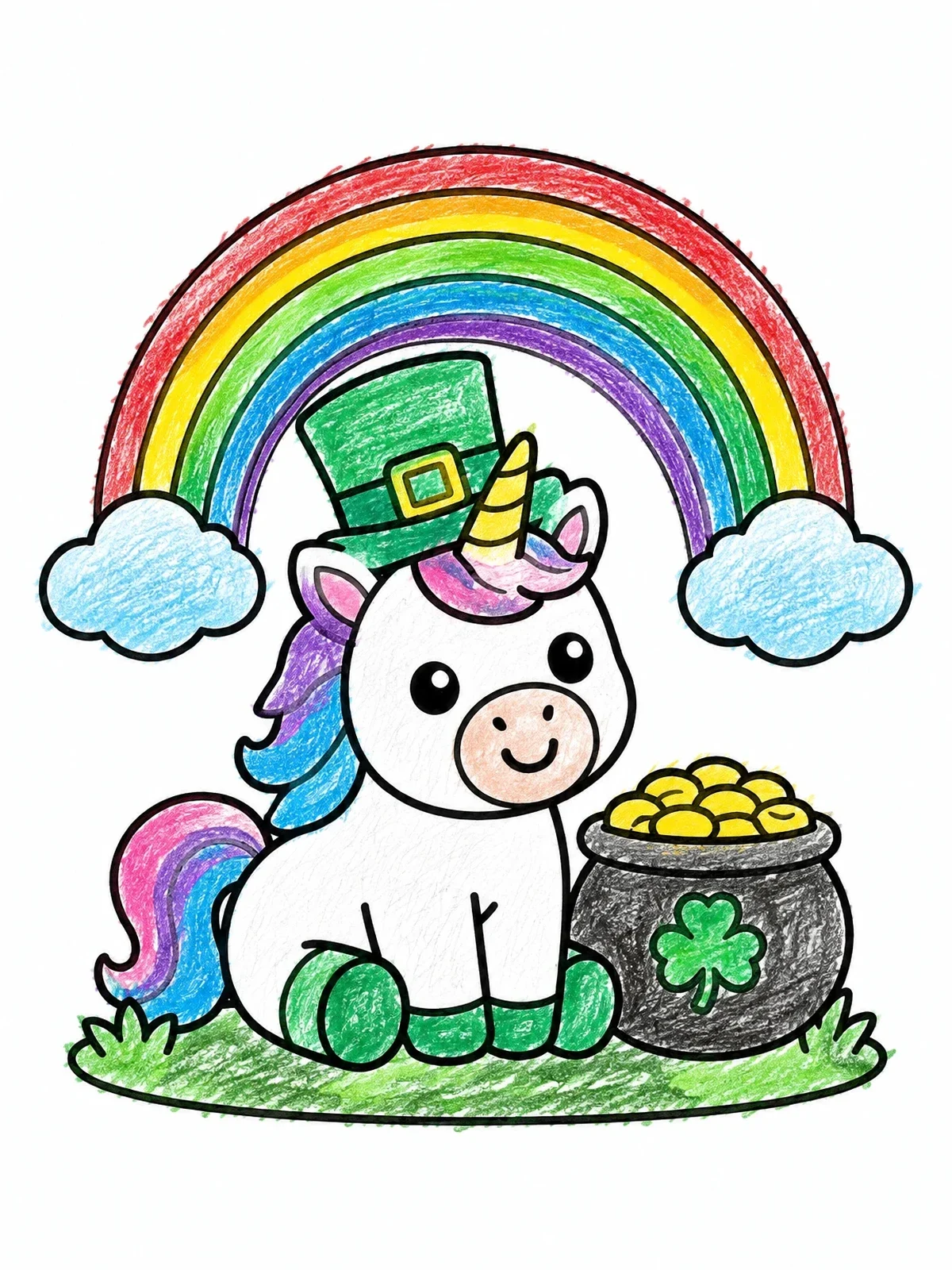 Colored example of the St. Patrick's Unicorn With Pot Of Gold coloring page