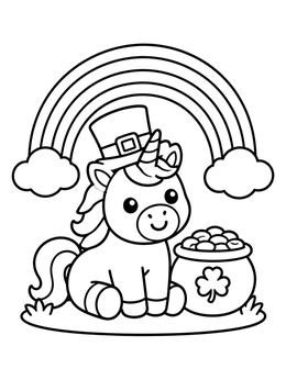 Free printable St. Patrick's Unicorn With Pot Of Gold coloring page