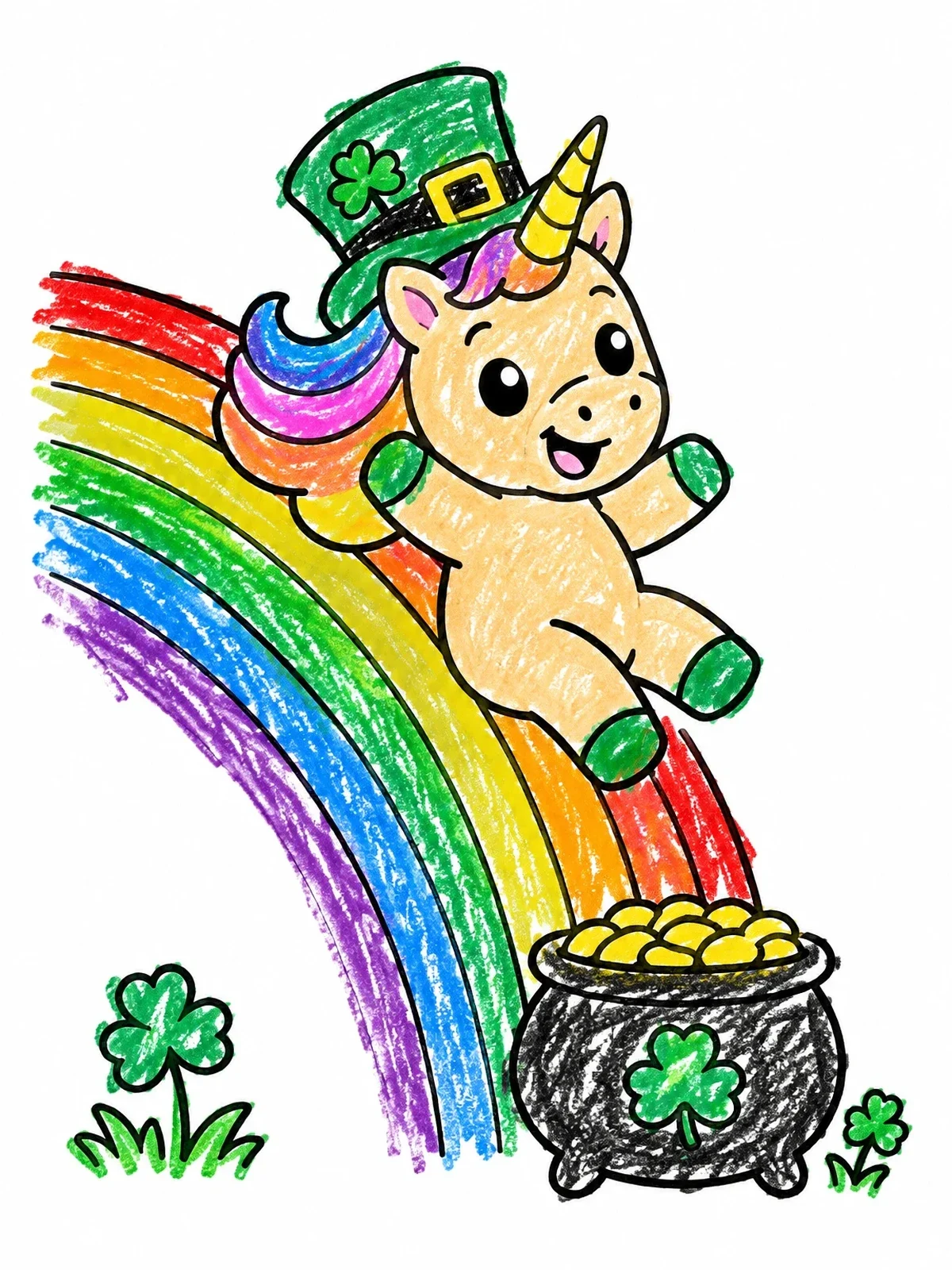 Colored example of the Cute St. Patrick's Unicorn On Rainbow coloring page