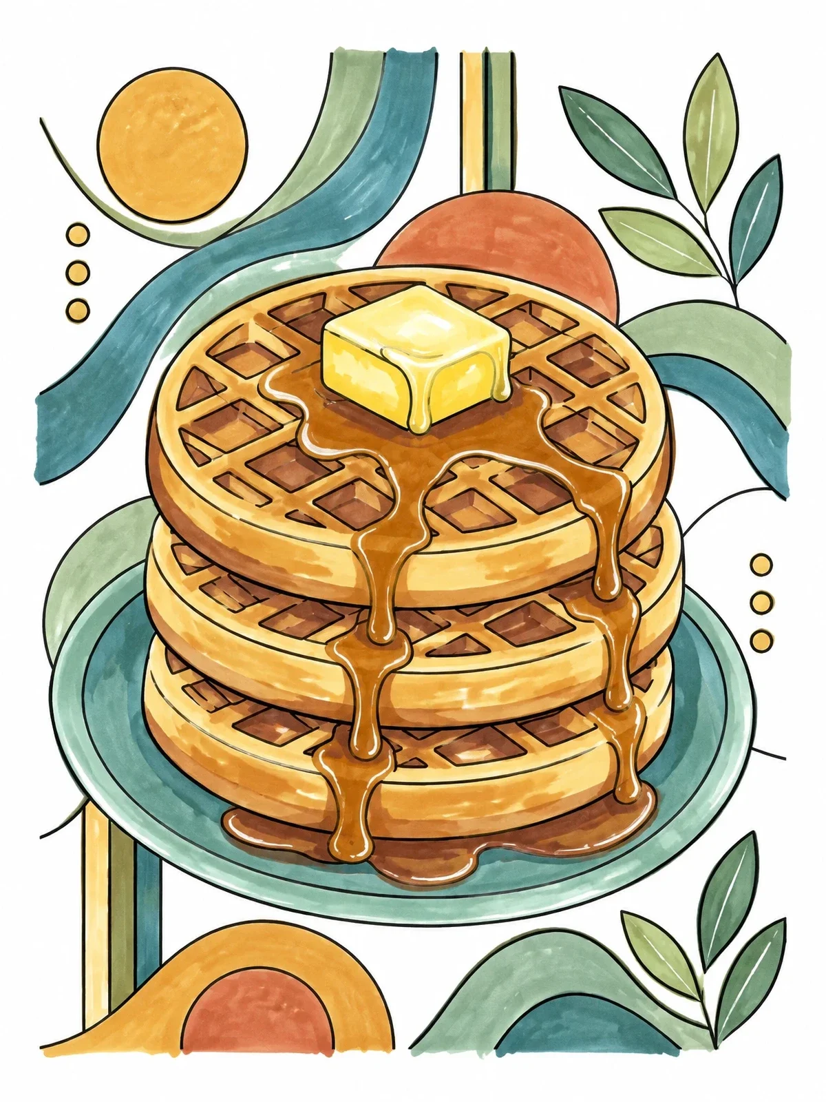 Colored example of the Stack Of Belgian Waffles With Syrup coloring page