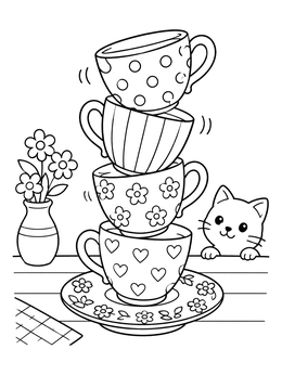 Free printable Stack Of Teacups And Cute Kitten coloring page
