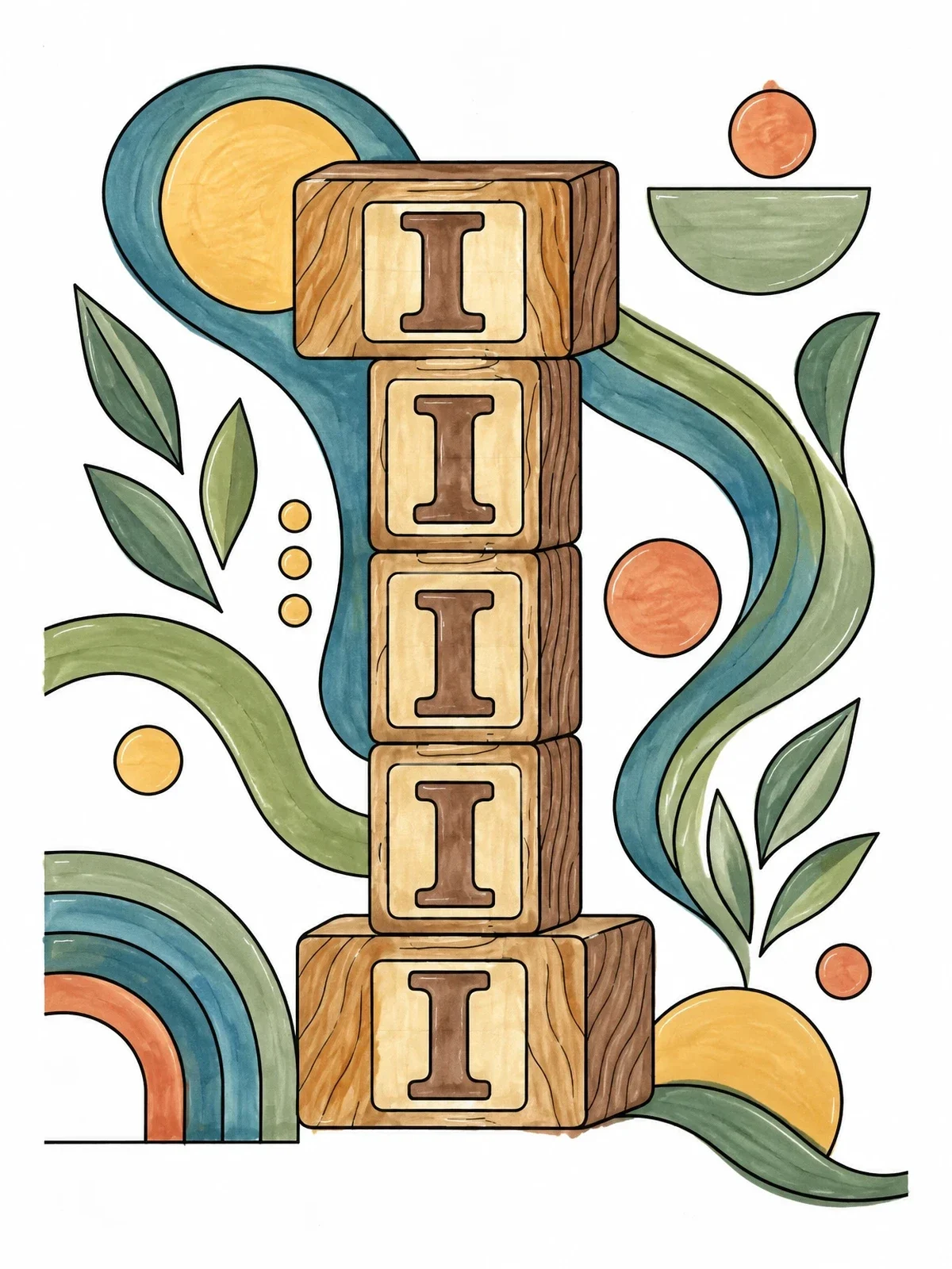 Colored example of the Stacked Wooden Blocks Capital Letter I coloring page