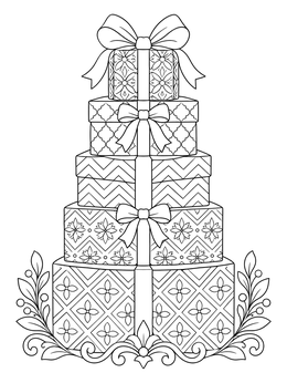 A festive christmas pop art coloring page featuring a tall stack of patterned gift boxes with bows.
