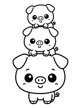 Three little pigs balanced together on a kawaii cute pig coloring page.