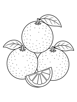 A trio of whole citrus fruits with leaves and a slice in an orange coloring page.