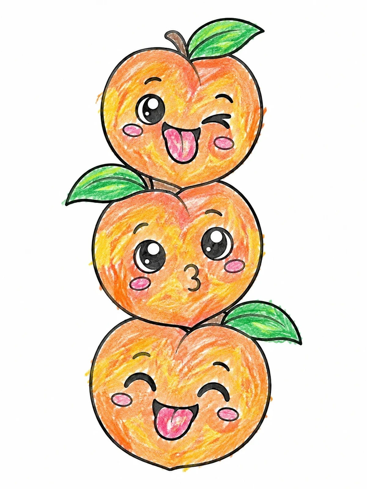 Colored example of the Stacked Kawaii Peaches With Silly Faces coloring page