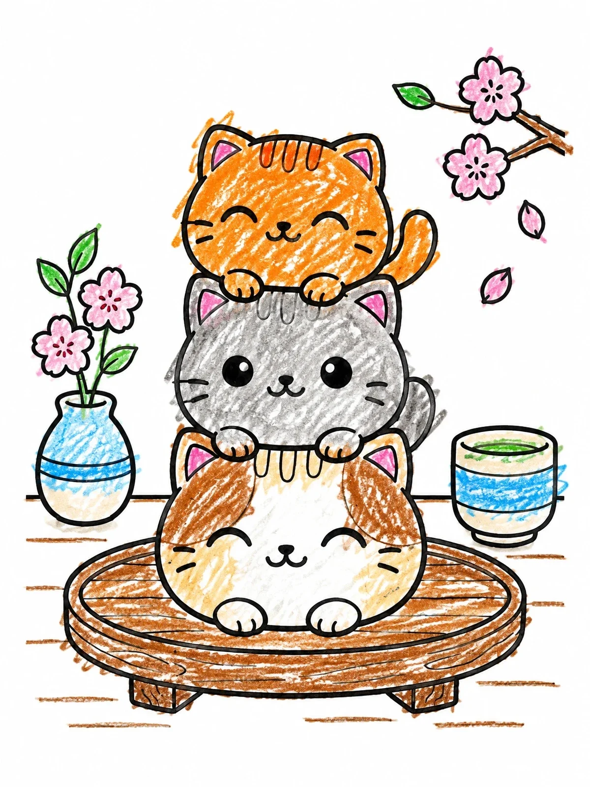 Colored example of the Stacked Mochi Kitty Tower coloring page