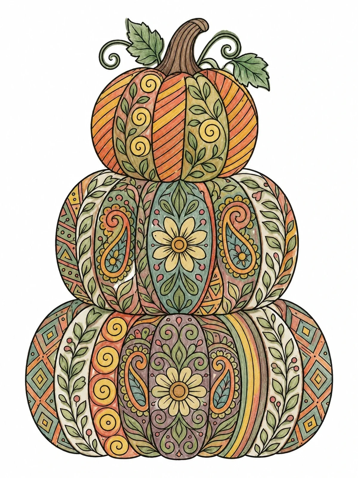 Colored example of the Intricate Stack Of Patterned Pumpkins coloring page
