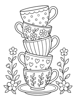 A whimsical tea cup coloring page showing a tall stack of decorated cups with floral stems.