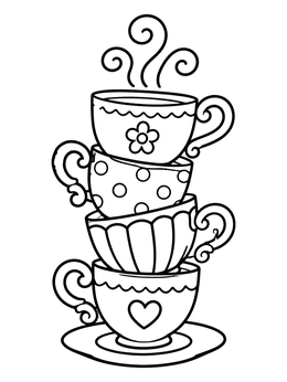A stacked tea cup coloring page featuring four patterned cups with curling steam.