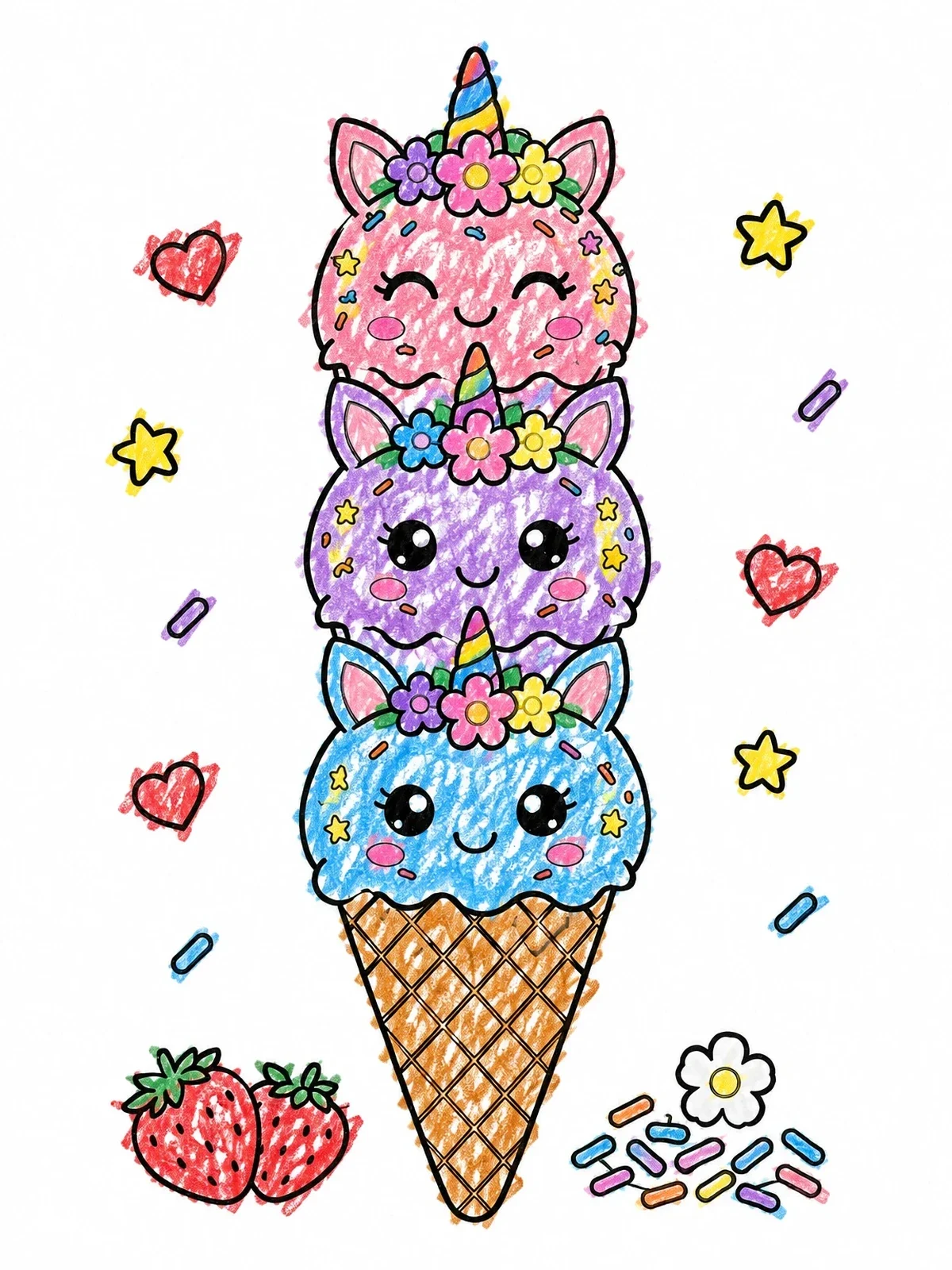 Colored example of the Stacked Unicorn Ice Cream Cone coloring page