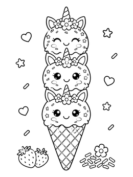 A sweet unicorn ice cream coloring page featuring three cute smiling scoops in a waffle cone.