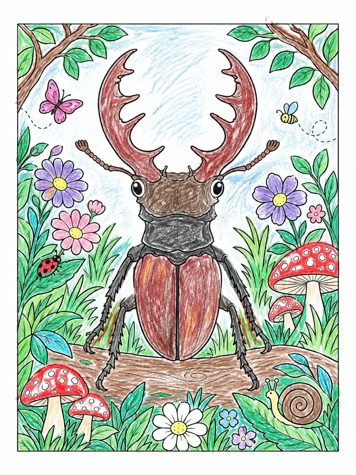 Colored example of the Stag Beetle In The Forest coloring page