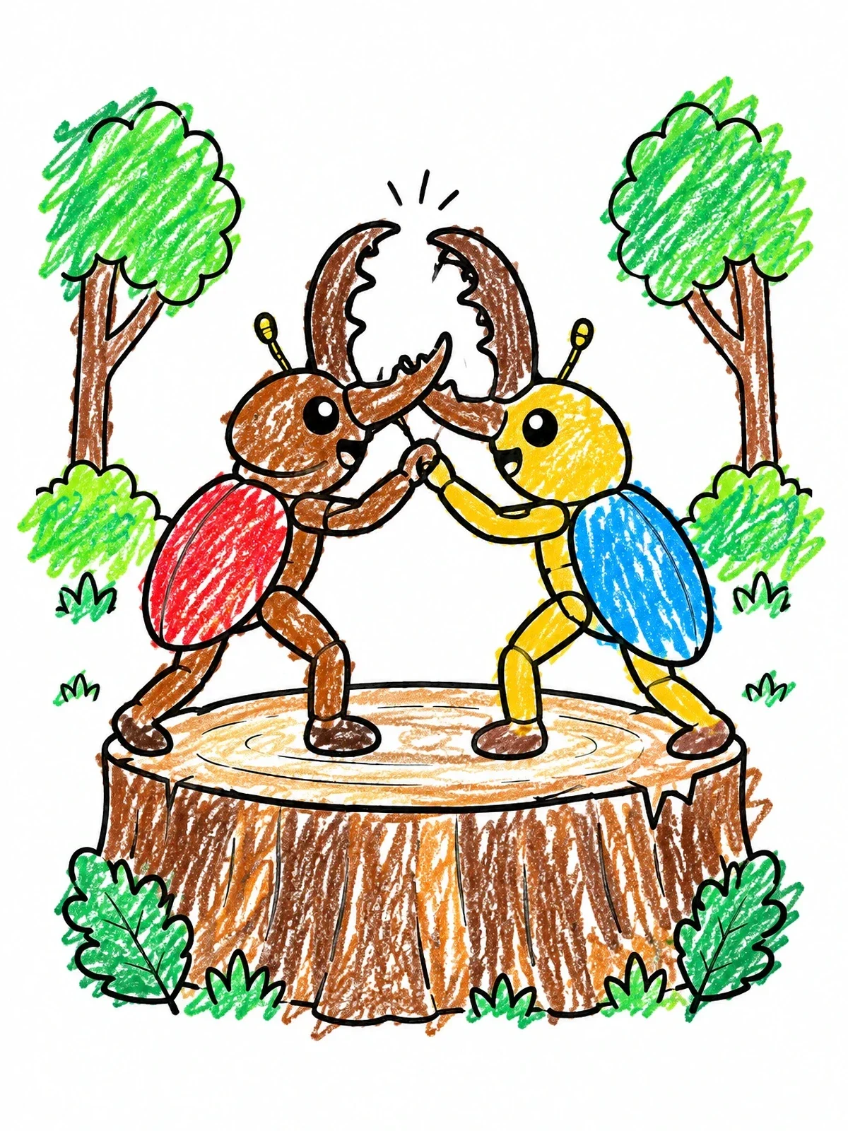 Colored example of the Stag Beetles Wrestling On Tree Stump coloring page