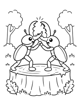 Two friendly cartoon stag beetles clashing jaws on a tree stump in this beetle coloring page.