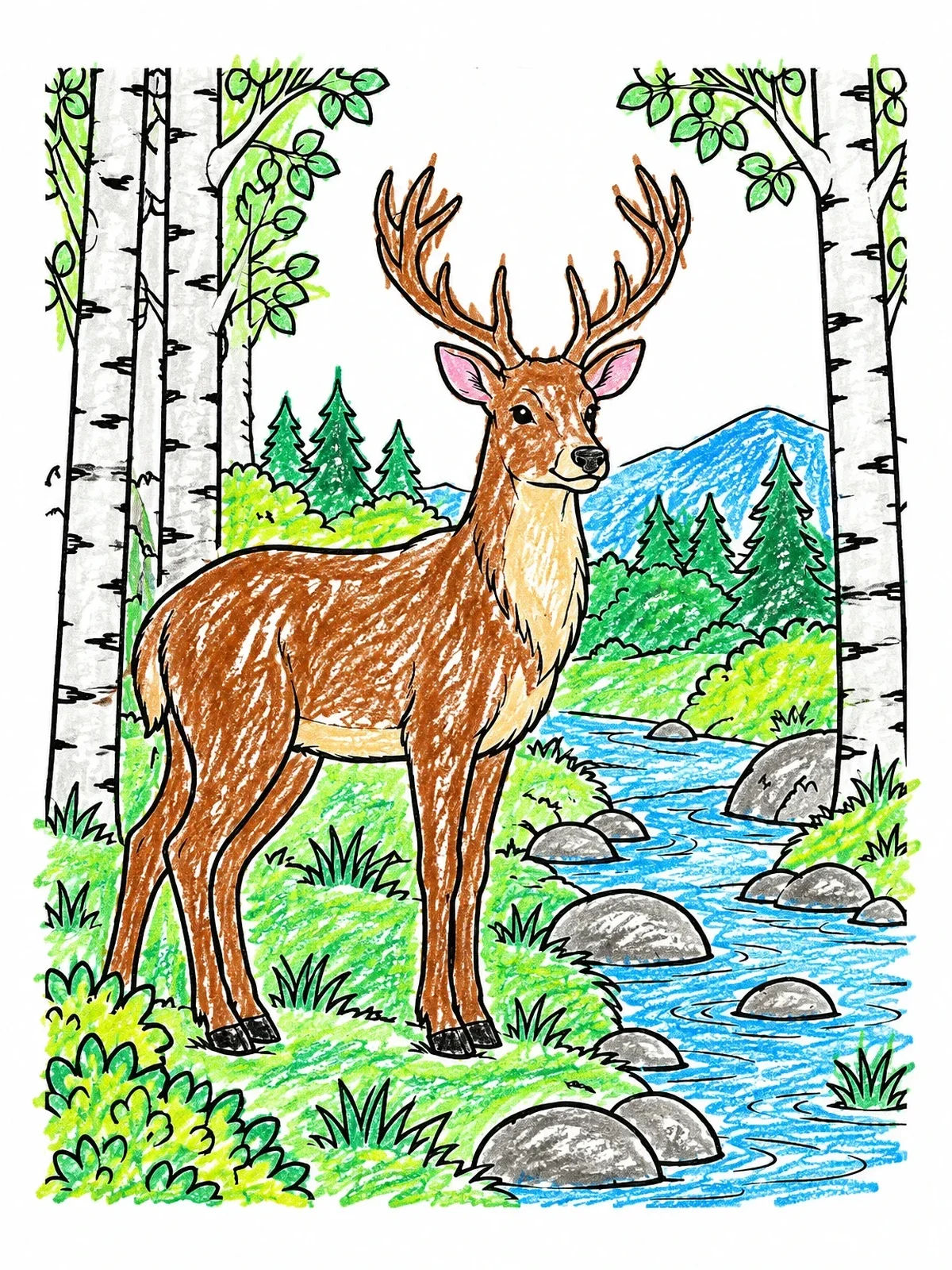 Colored example of the Stag By The Forest Stream coloring page