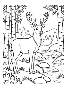 Free printable Stag By The Forest Stream coloring page
