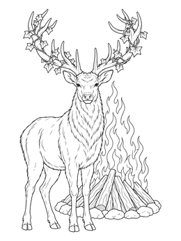 A noble stag with ivy wrapped through its antlers stands by a burning fire in this samhain coloring page.