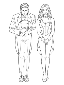 A stage magician coloring page featuring a male illusionist with his assistant taking a bow.