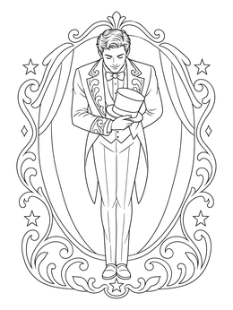 A gentleman bowing in an ornate frame on this magician coloring page.
