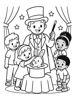 A friendly stage magician coloring page with a cute rabbit in a top hat surrounded by happy children.
