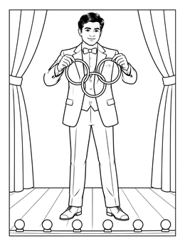 A dapper stage magician coloring page performing the classic linked rings trick on stage.