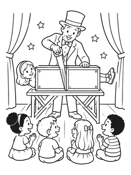 Free printable Stage Magician Sawing Box Trick coloring page