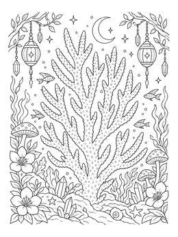 A branch of staghorn coral surrounded by crystals and lanterns in this coral coloring page.