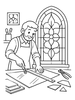 An artisan crafts art in this stained glass coloring page.