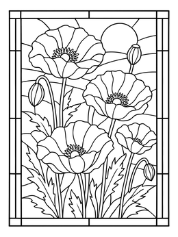 A serene stained glass coloring page showing blooming poppies with a sunlit background.