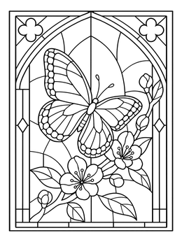 A detailed stained glass coloring page with a butterfly and flowers inside a Gothic arch.