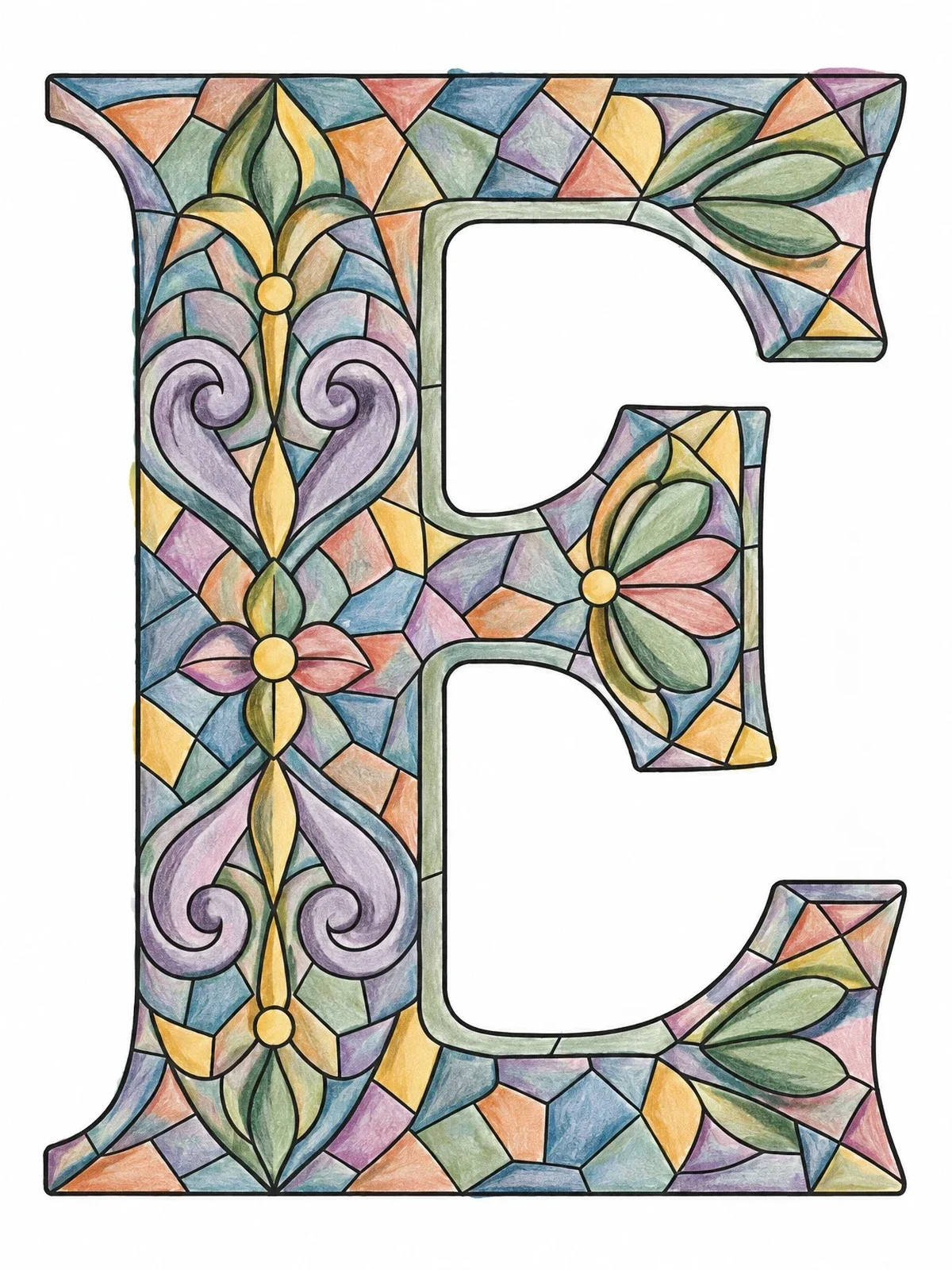 Colored example of the Stained Glass Capital Letter E coloring page