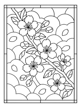 A branch of blooming sakura in this stained glass coloring page with a mosaic sky pattern.
