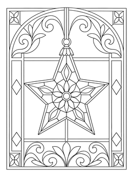 An ornate christmas star coloring page featuring a stained-glass window design.