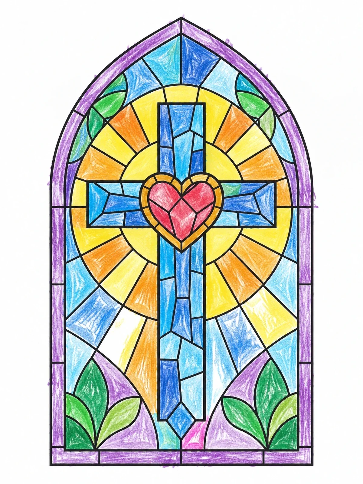 Colored example of the Stained Glass Cross And Heart coloring page