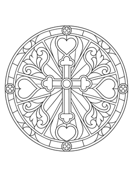 Intricate cross and heart coloring page styled as a circular stained glass window mandala.