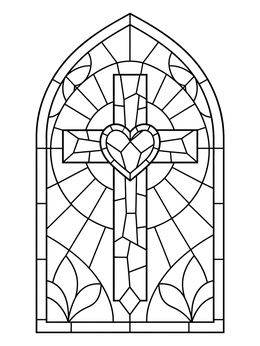An arched church window in this cross and heart coloring page.