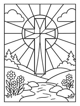 Free printable Stained Glass Cross Over Meadow coloring page