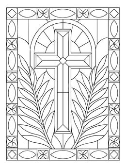 Stained glass cross coloring page with palm fronds and decorative mosaic border.
