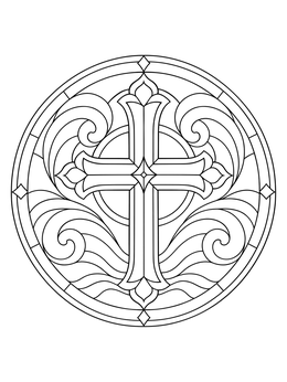 An ornate cross coloring page set inside a stained glass medallion with swirls.