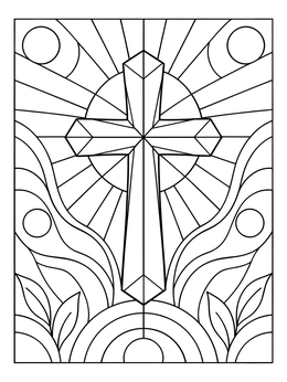 A radiant Christian cross coloring page designed in a geometric stained glass window pattern.