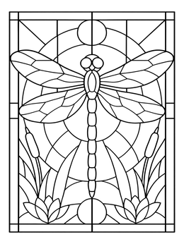 A detailed stained glass coloring page showing a dragonfly hovering above pond water lilies and reeds.