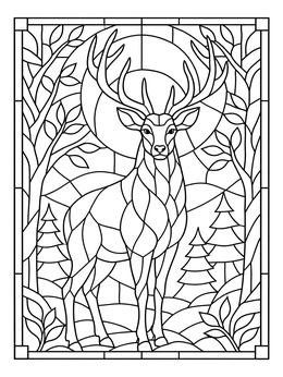 Majestic buck standing in a forest on this stained glass coloring page.