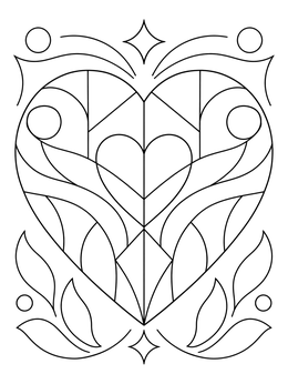 A decorative stained glass heart coloring page with symmetrical abstract panels.