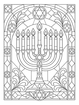 A decorative hanukkah coloring page featuring a glowing menorah in a stained-glass window frame.