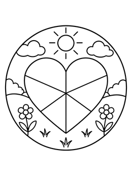 A mosaic heart in a circular stained glass coloring page surrounded by flowers and sun.